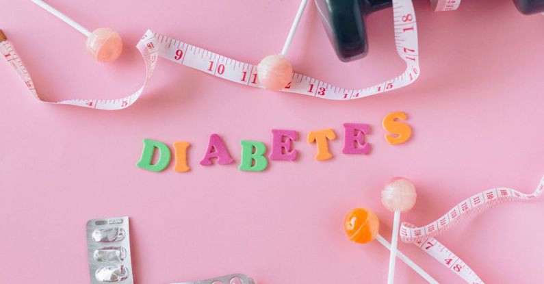 Cravings - Lollipops, Meter and Medicaments on a Pink Background around Letters Creating a Word Diabetes